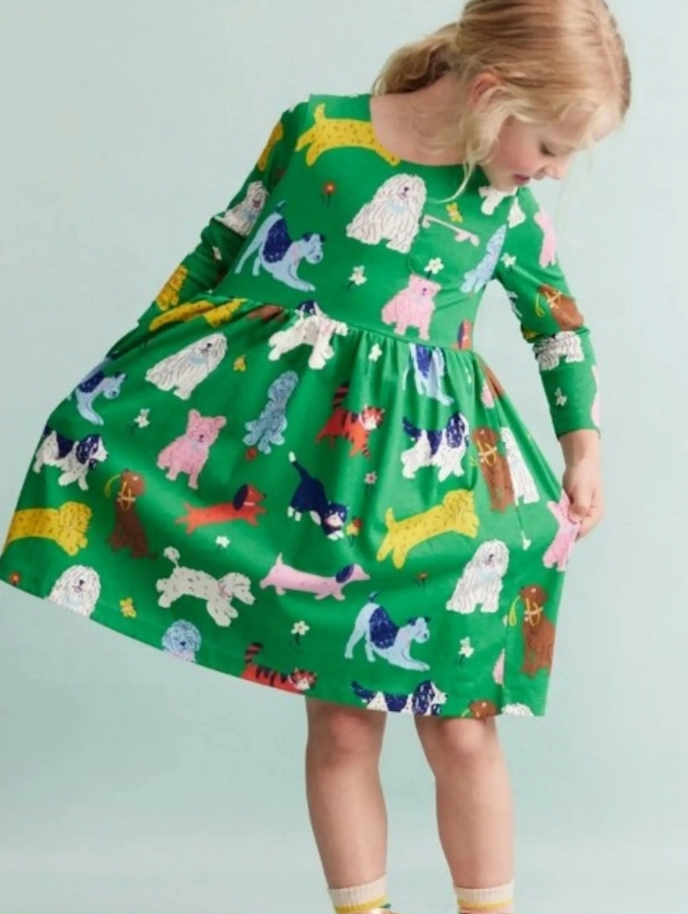 Mini Boden Fun Dogs & Cats Print Long Sleeve Cotton Dress In Green Size 7-8 Yrs